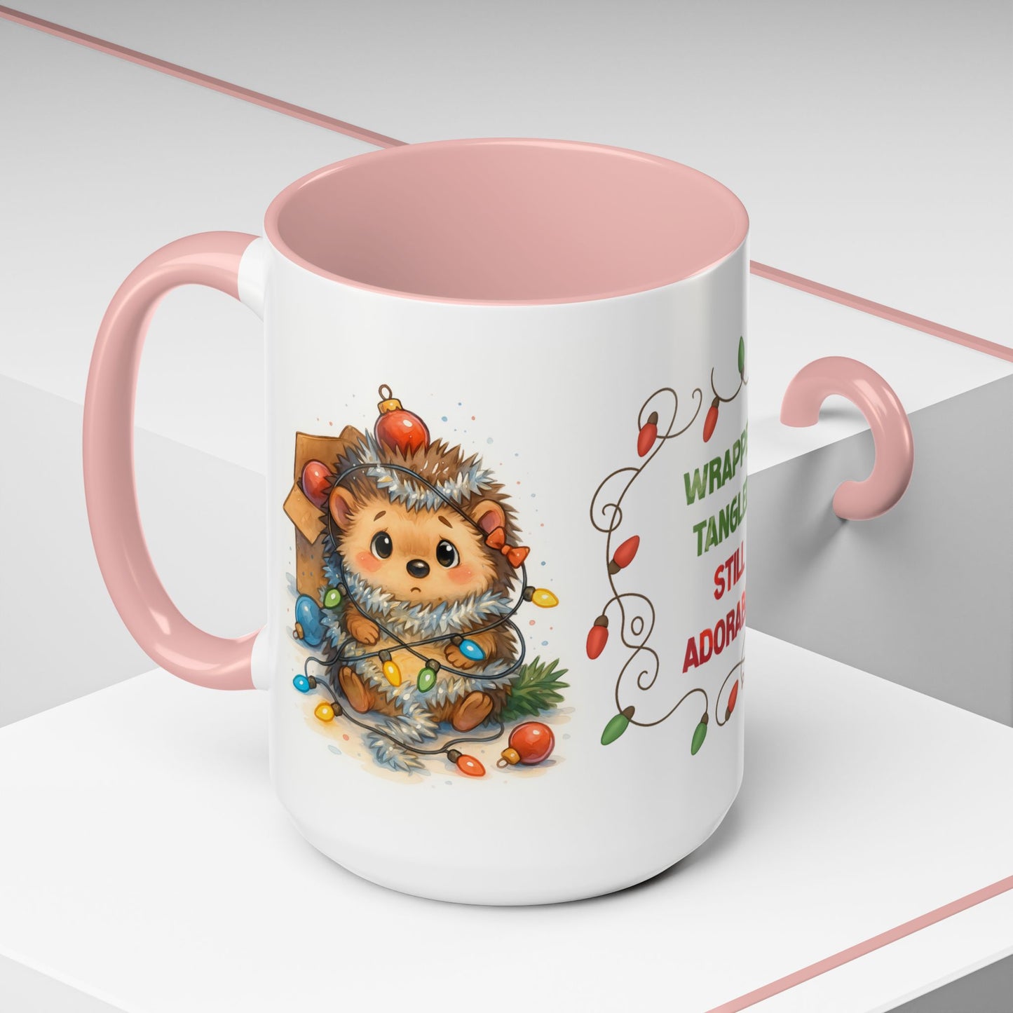 Wrapped Tangled Still Adorable Mug – Cute Hedgehog Christmas 15oz Cup