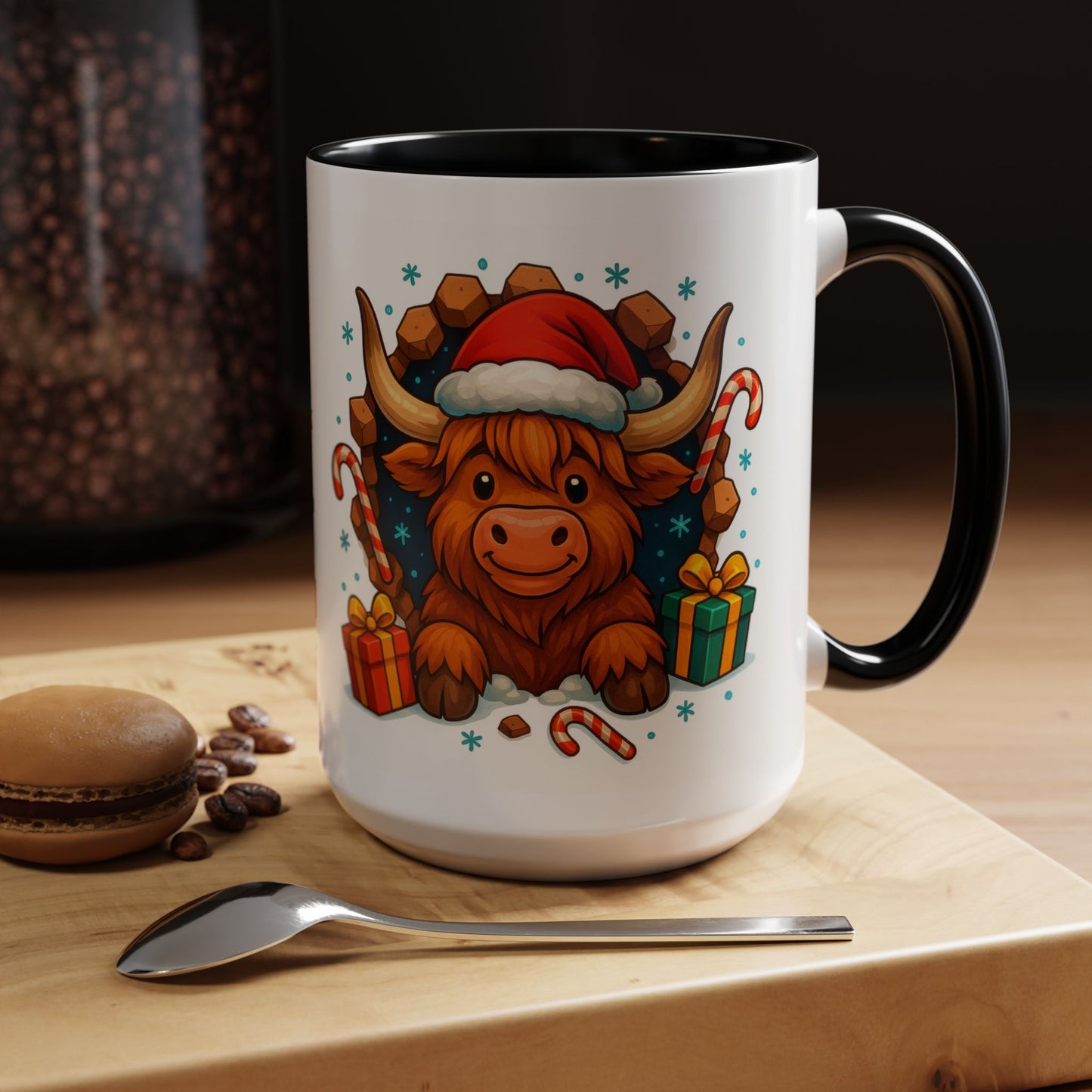 Christmas Highland Cow Mug – Cute 15oz Holiday Coffee Cup with Santa Hat & Gifts