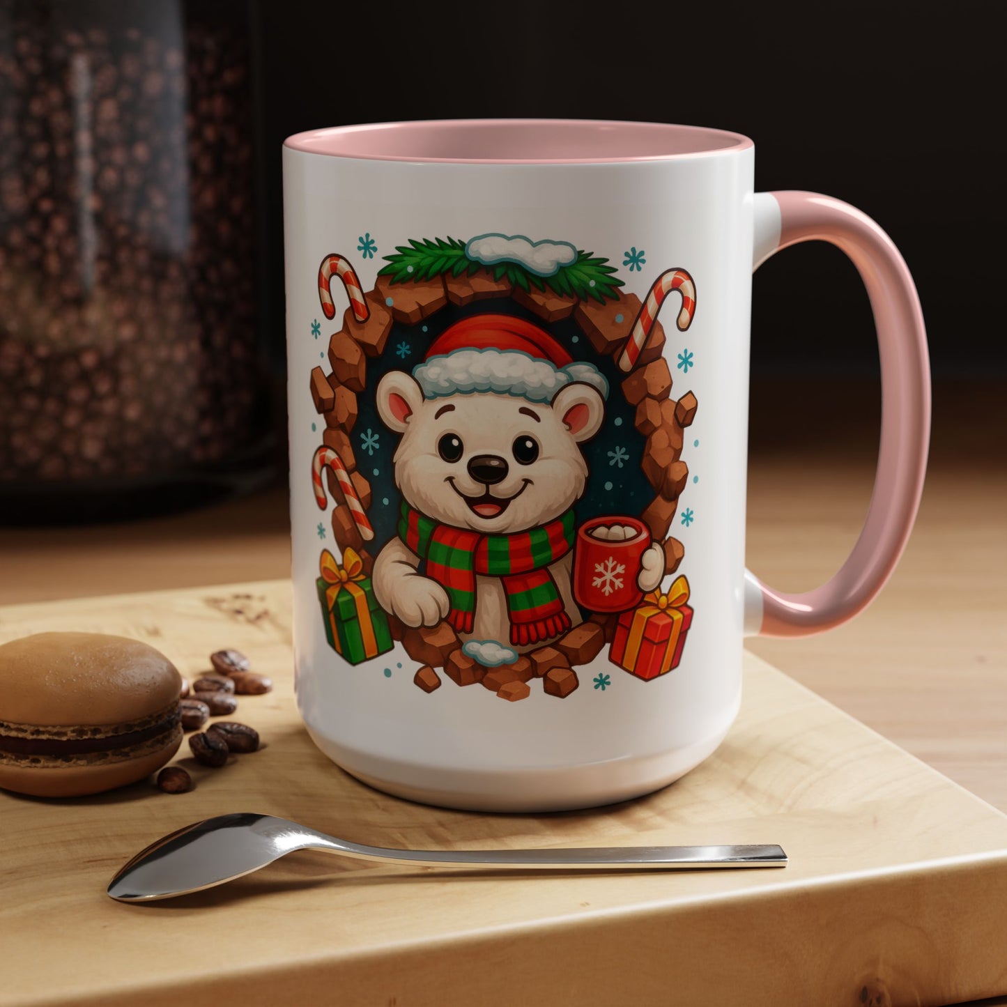 Christmas Polar Bear Mug – Cute Holiday 15oz Coffee Cup with Gifts & Candy Canes