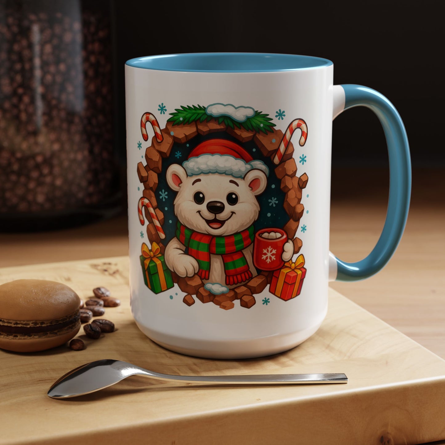 Christmas Polar Bear Mug – Cute Holiday 15oz Coffee Cup with Gifts & Candy Canes