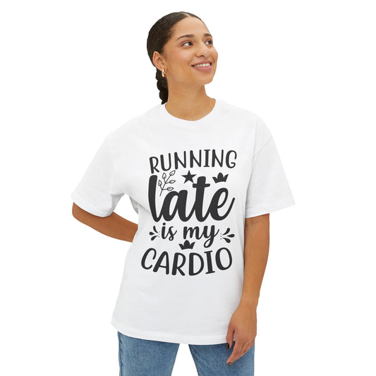 Woman wearing a white t-shirt with 'Running late is my cardio' text on a white background