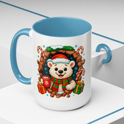 Christmas Polar Bear Mug – Cute Holiday 15oz Coffee Cup with Gifts & Candy Canes