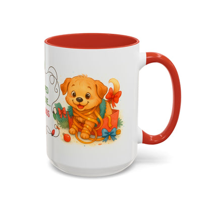 Wrapped With Love and Chaos Mug – Cute Puppy Christmas 15oz Coffee Cup