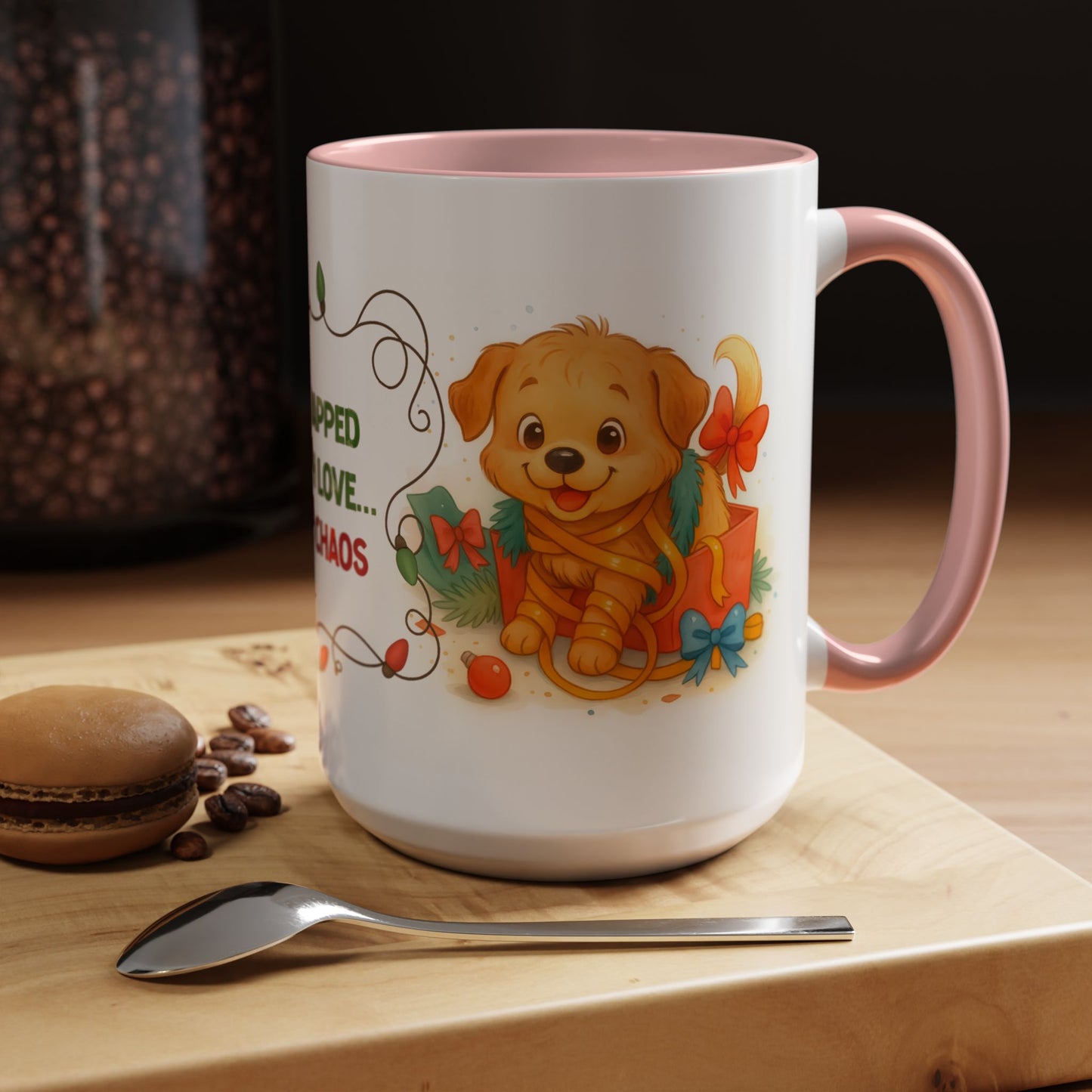 Wrapped With Love and Chaos Mug – Cute Puppy Christmas 15oz Coffee Cup