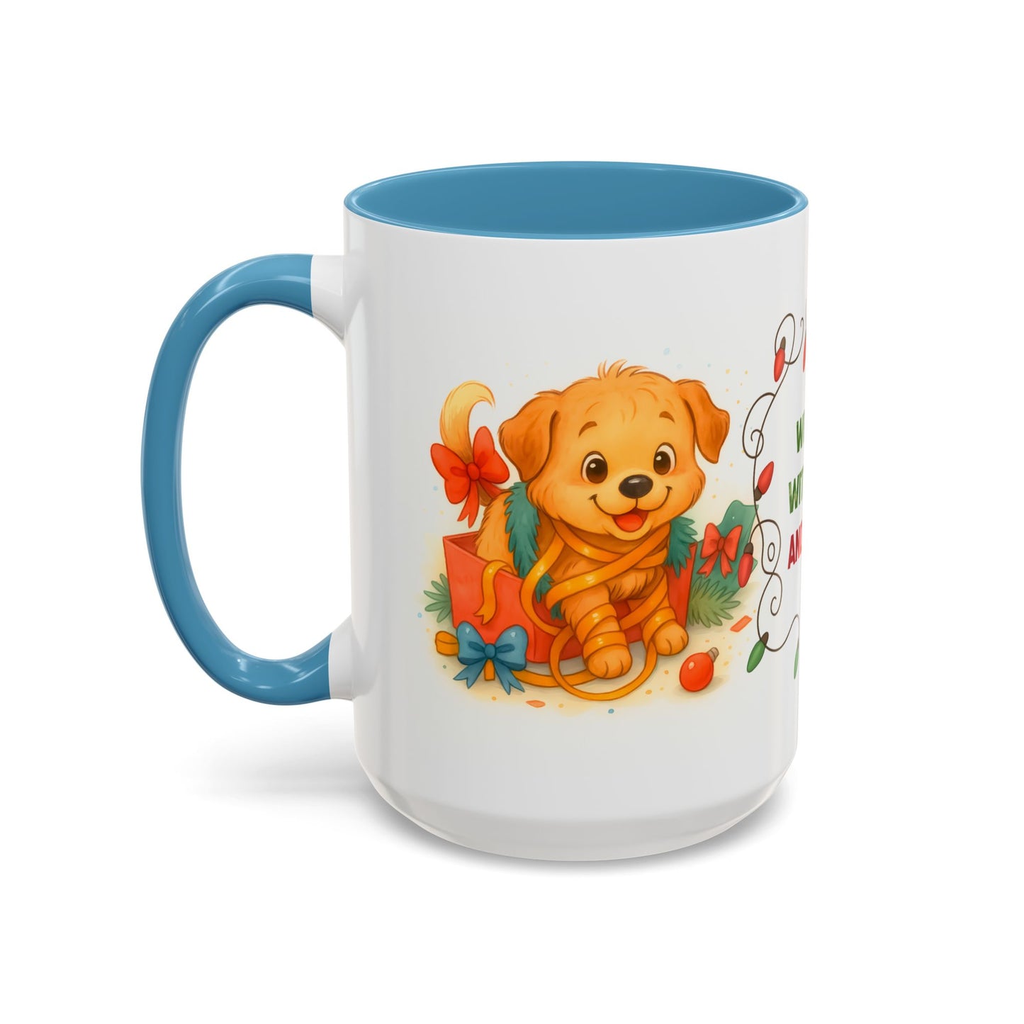 Wrapped With Love and Chaos Mug – Cute Puppy Christmas 15oz Coffee Cup