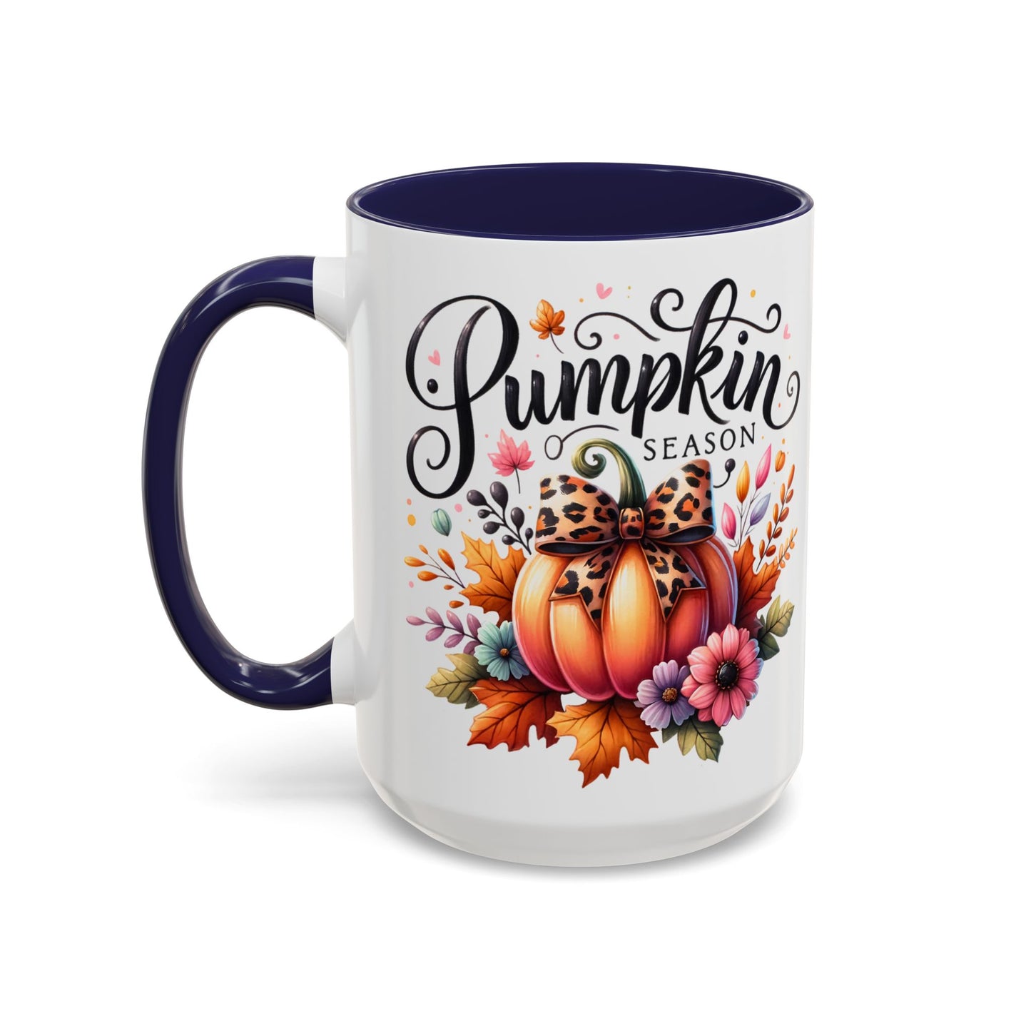 Pumpkin Season Mug – Fall Coffee Cup with Leopard Bow Pumpkin & Floral Design