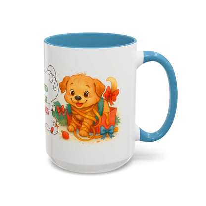 Wrapped With Love and Chaos Mug – Cute Puppy Christmas 15oz Coffee Cup