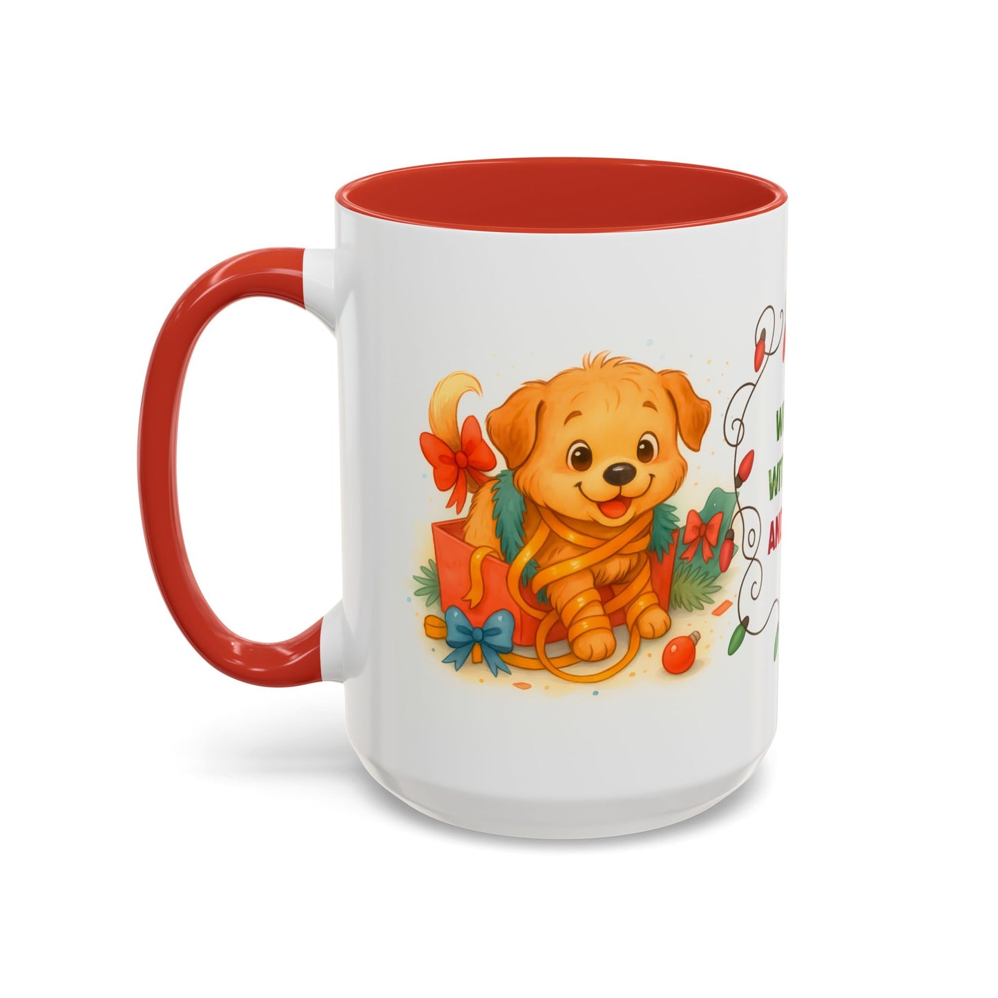 Wrapped With Love and Chaos Mug – Cute Puppy Christmas 15oz Coffee Cup