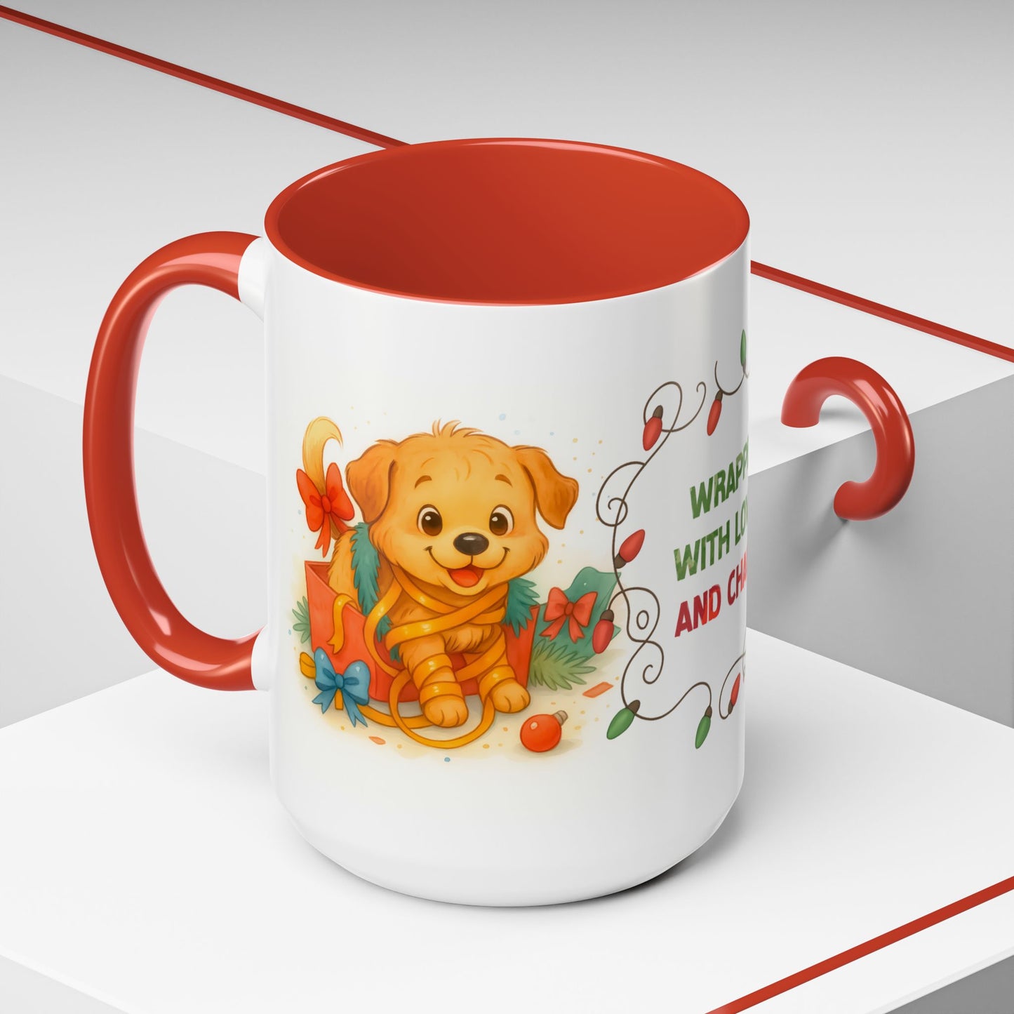 Wrapped With Love and Chaos Mug – Cute Puppy Christmas 15oz Coffee Cup
