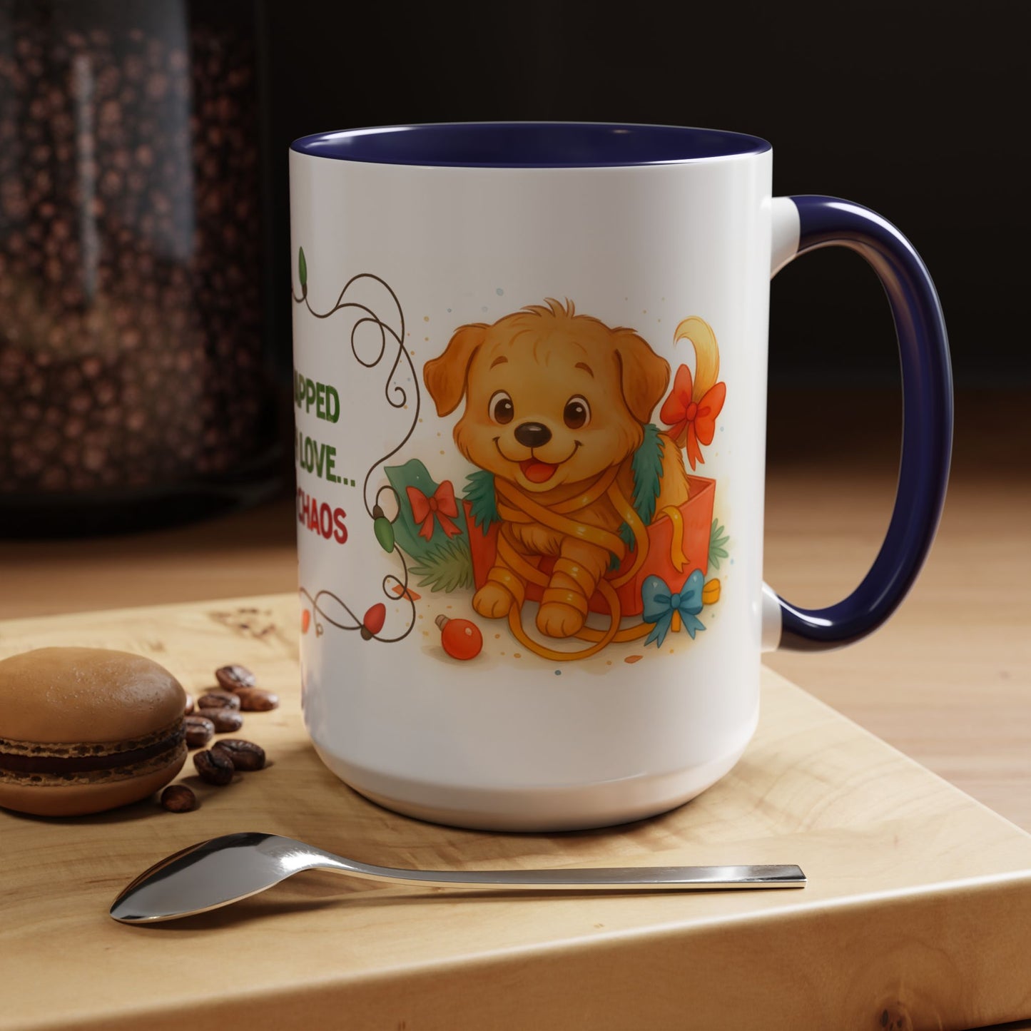 Wrapped With Love and Chaos Mug – Cute Puppy Christmas 15oz Coffee Cup