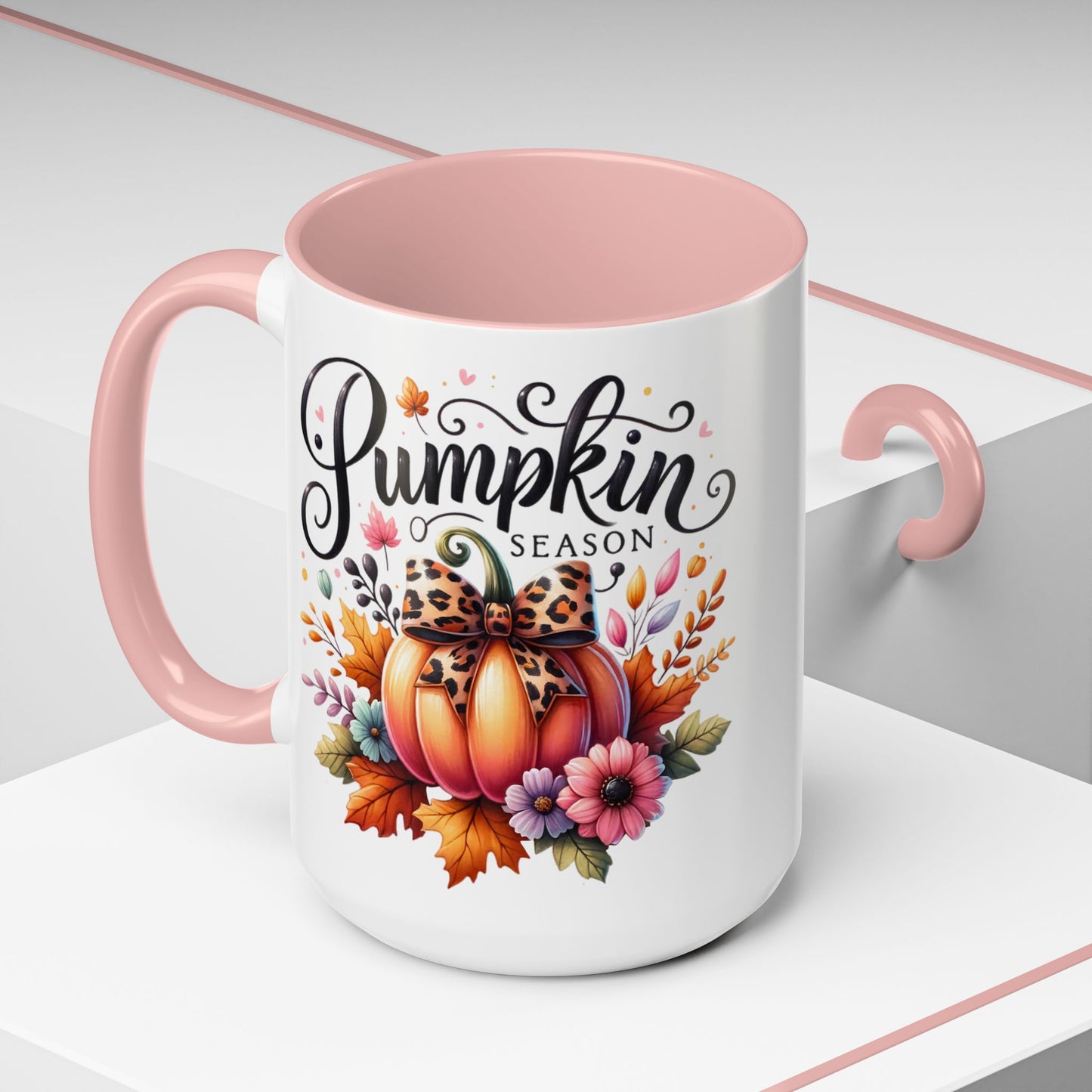 Pumpkin Season Mug – Fall Coffee Cup with Leopard Bow Pumpkin & Floral Design