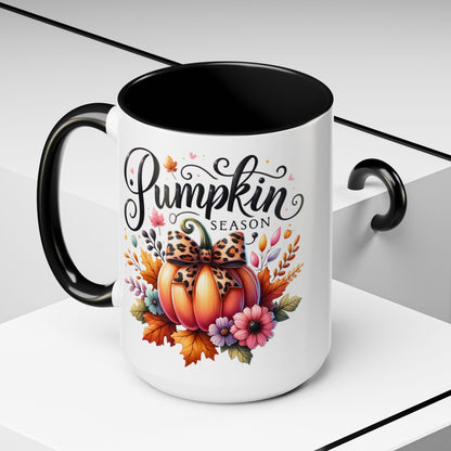 Pumpkin Season Mug – Fall Coffee Cup with Leopard Bow Pumpkin & Floral Design
