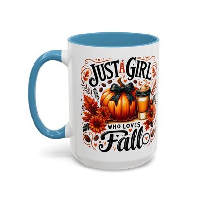 Just a Girl Who Loves Fall Mug – Cute Autumn Coffee Cup with Pumpkin & Flowers