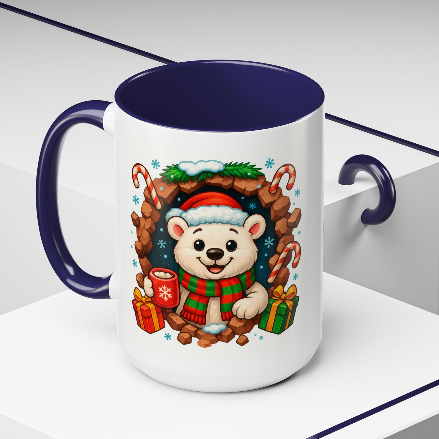 Christmas Polar Bear Mug – Cute Holiday 15oz Coffee Cup with Gifts & Candy Canes
