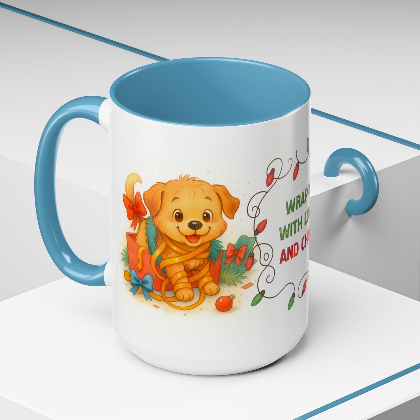 Wrapped With Love and Chaos Mug – Cute Puppy Christmas 15oz Coffee Cup