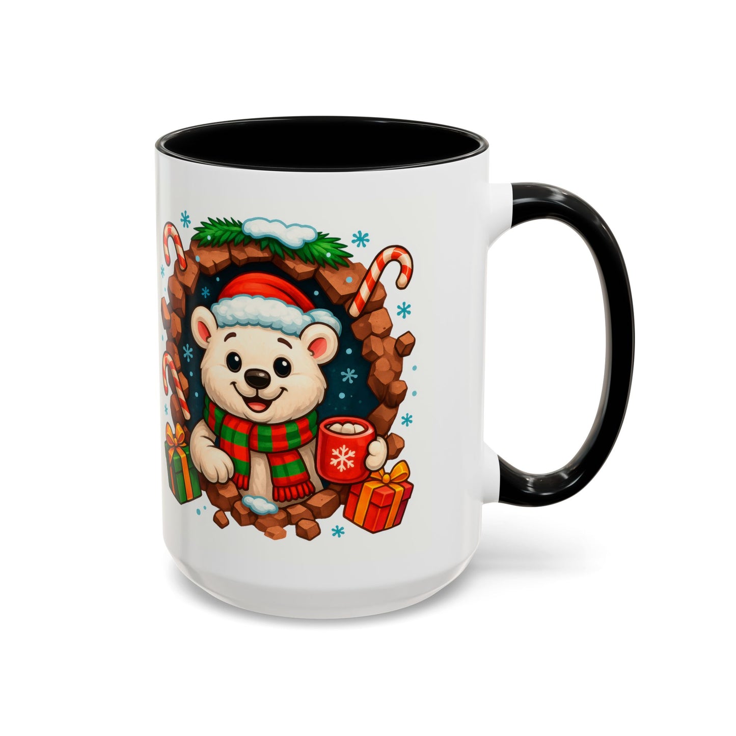 Christmas Polar Bear Mug – Cute Holiday 15oz Coffee Cup with Gifts & Candy Canes