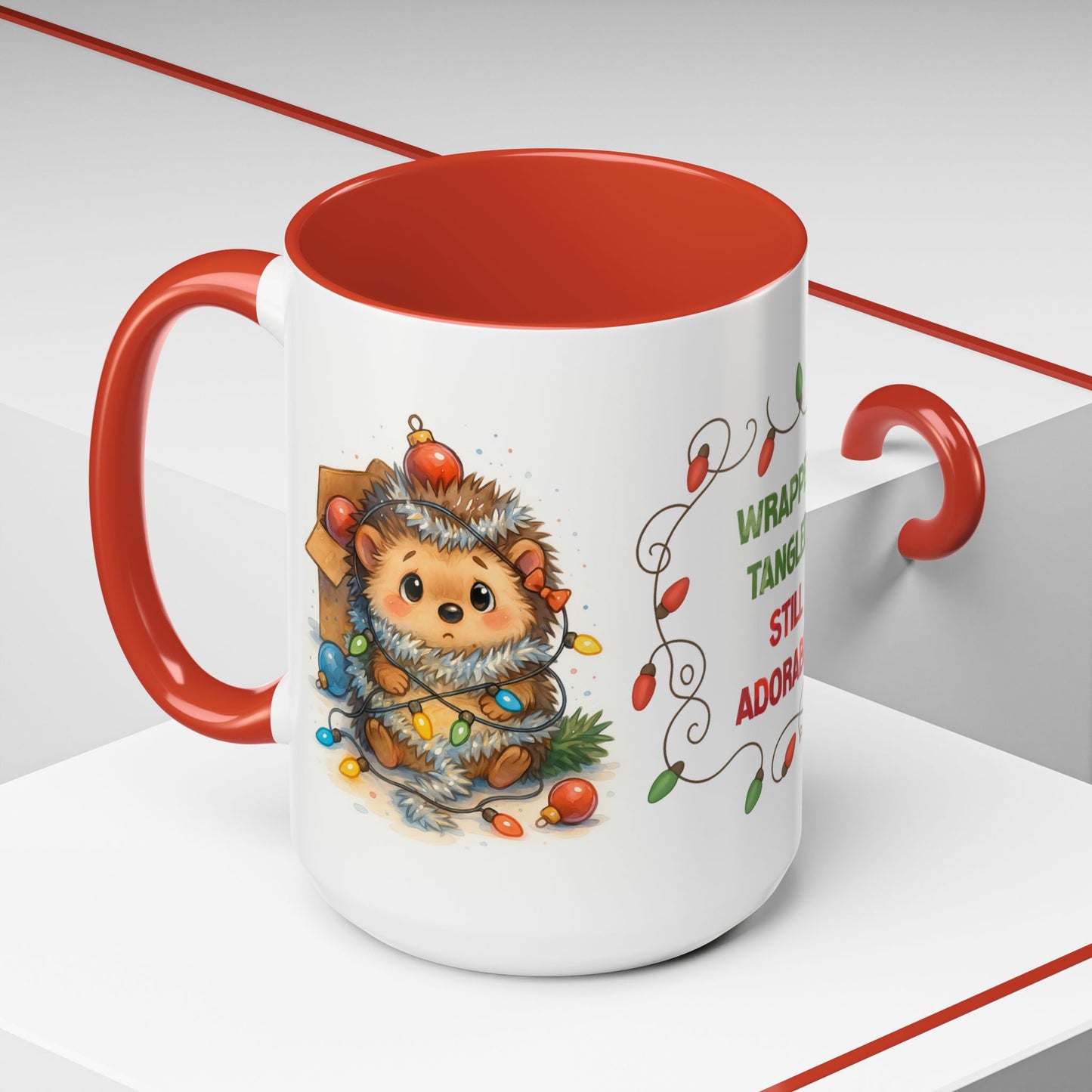 Wrapped Tangled Still Adorable Mug – Cute Hedgehog Christmas 15oz Cup