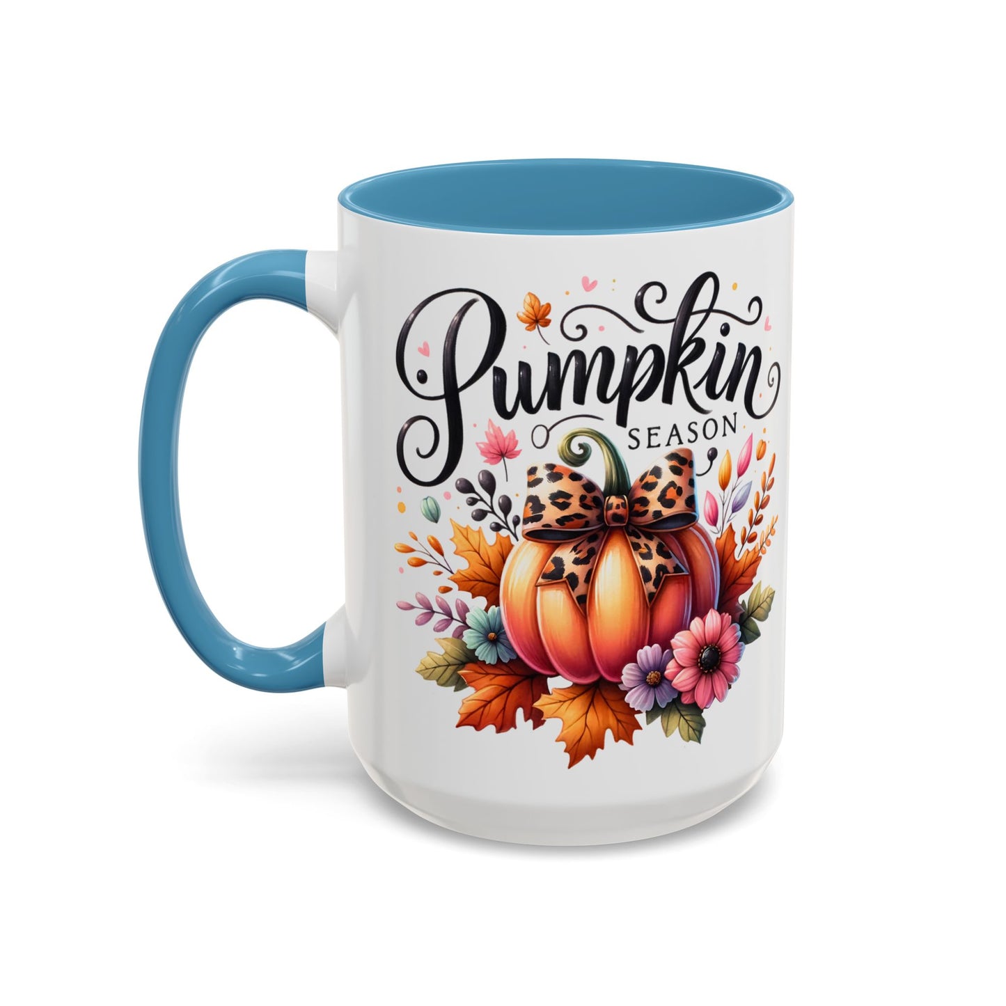 Pumpkin Season Mug – Fall Coffee Cup with Leopard Bow Pumpkin & Floral Design