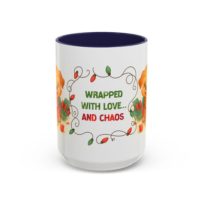 Wrapped With Love and Chaos Mug – Cute Puppy Christmas 15oz Coffee Cup
