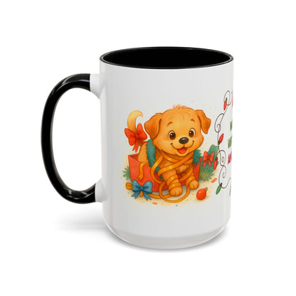 Wrapped With Love and Chaos Mug – Cute Puppy Christmas 15oz Coffee Cup
