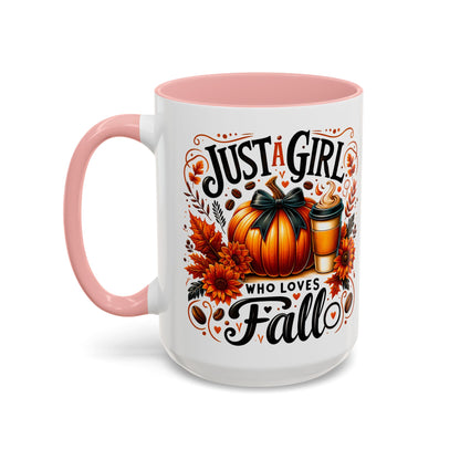 Just a Girl Who Loves Fall Mug – Cute Autumn Coffee Cup with Pumpkin & Flowers