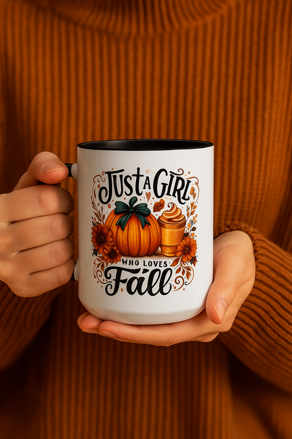 Just a Girl Who Loves Fall Mug – Cute Autumn Coffee Cup with Pumpkin & Flowers