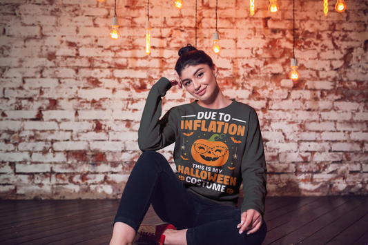 Person wearing a Halloween-themed shirt with text in front of a brick wall.