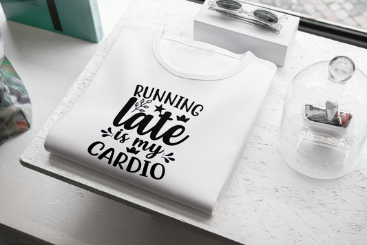 White tank top with 'Running late is my cardio' text on a white surface.