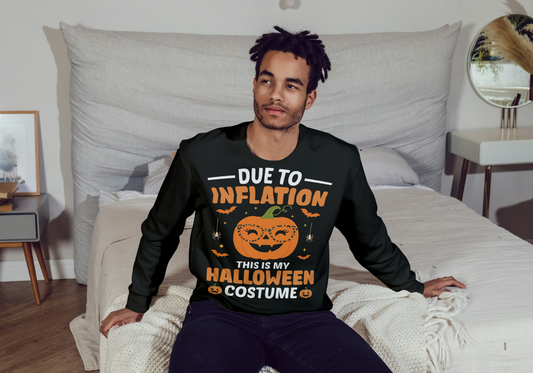 Person wearing a black sweatshirt with Halloween-themed text and graphics, sitting on a bed.